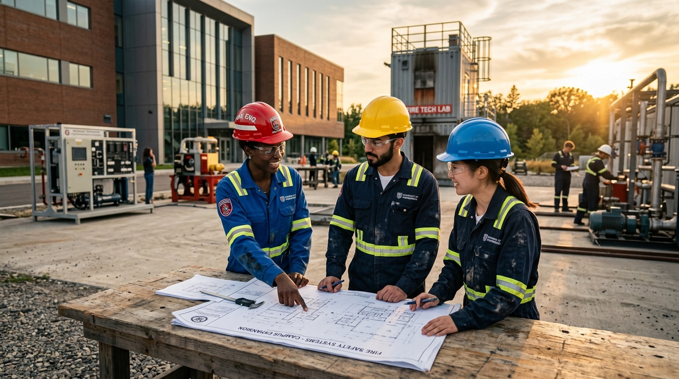 International safety engineering students in training uniform reviewing blueprint at campus