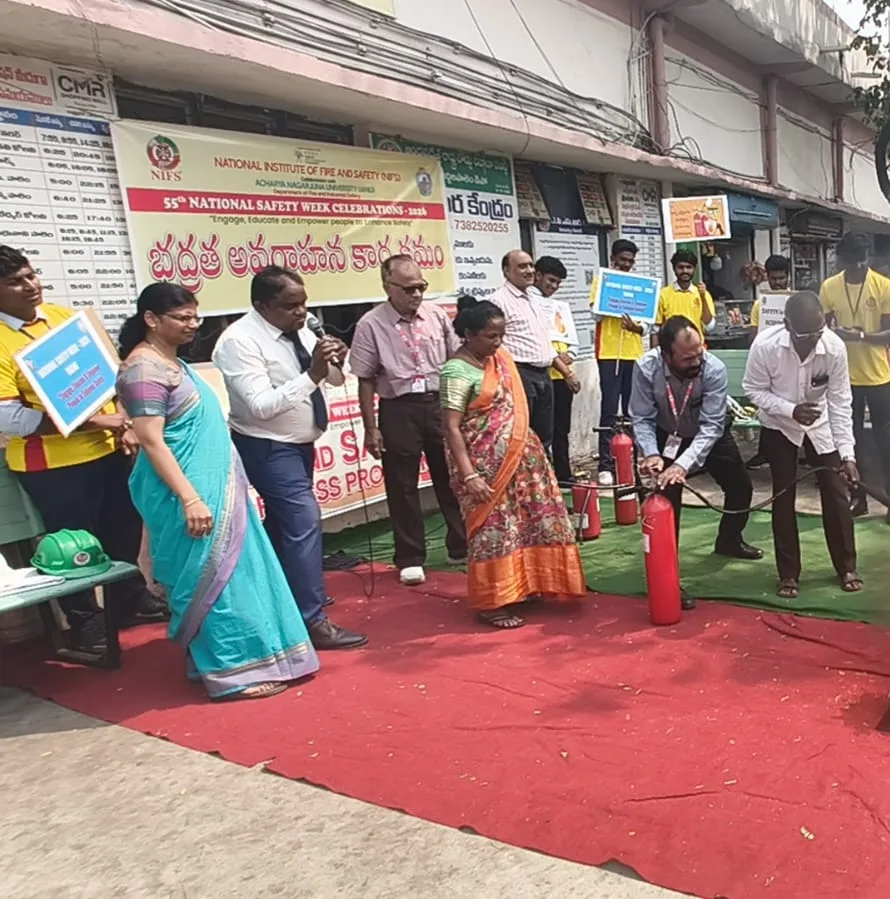 Fire safety awareness demonstration with dry chemical fire extinguisher
